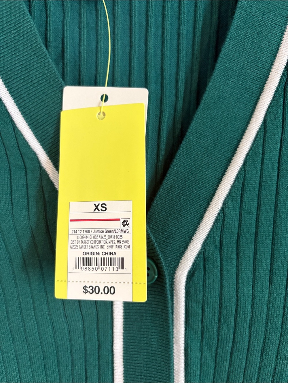 all in motion Emerald Green Ribbed V-Neck Cardigan with White Trim - Picture 2 of 3